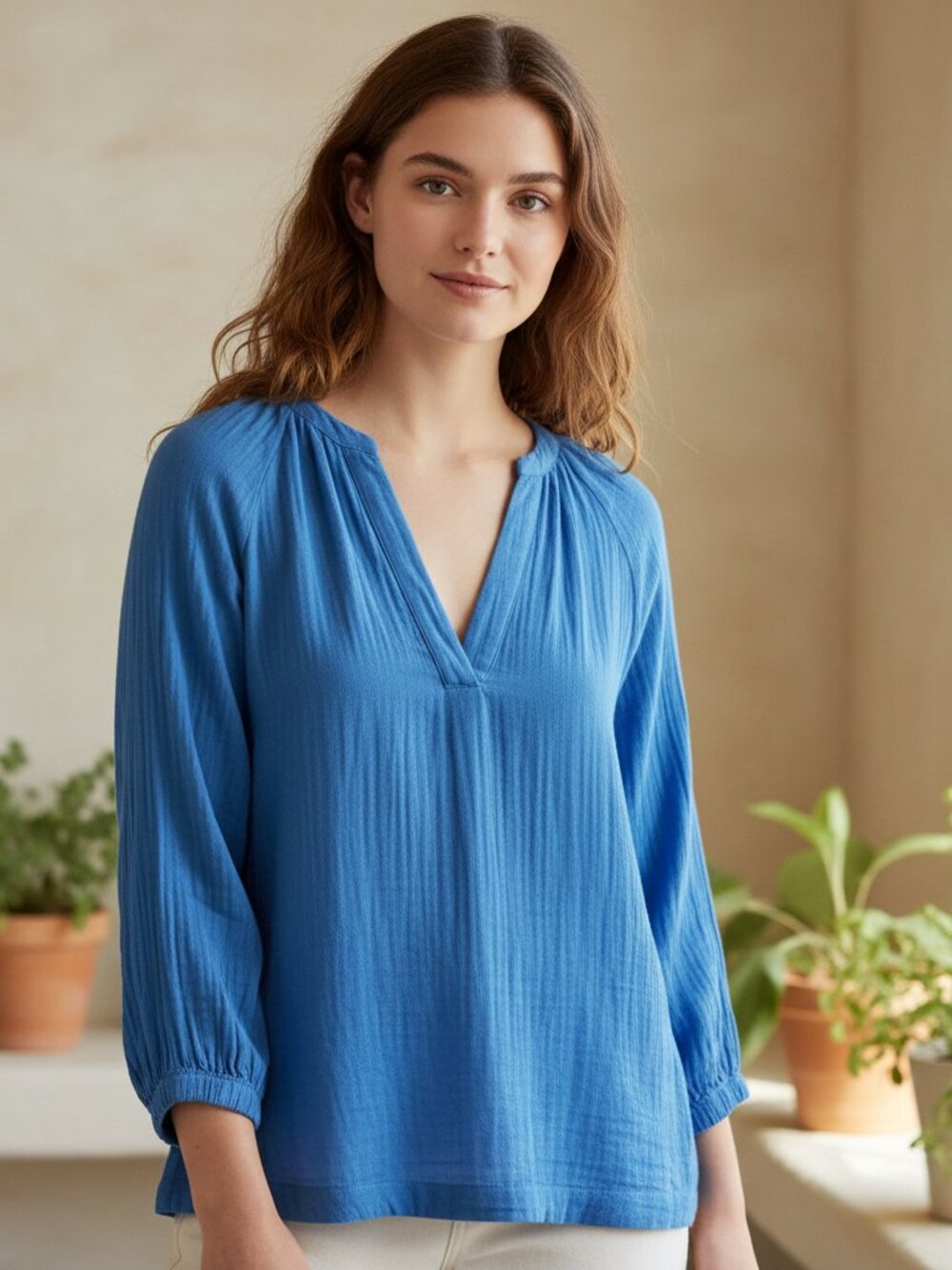 Old‎ Navy XS Top Tunic Blue Split Neck Peasant Cotton Minimalist Scandi Boho